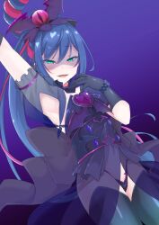  alternate_costume armpits blue_hair collar corruption corset cure_spicy delicious_party_precure female_only gloves green_eyes hair_ribbon jewelry kokone_fuwa long_hair long_skirt magical_girl ozakix_1416 ponytail precure see-through simple_background skirt smile smirk solo thigh_boots thong 
