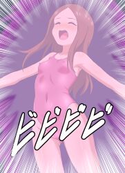 blush brown_hair dialogue femsub leotard skilled_teaser_takagi-san su_retro_space swimsuit takagi-san text