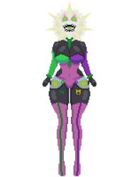  bare_shoulders black_skin boots breasts cat_ears cleavage cyclops drool female_only femsub ghostec ghostec_(character) glowing glowing_eyes happy_trance hip_vents midriff nyarukavt original pink_eyes pixel_art simple_background solo tattoo tech_control thigh_boots tie transparent_background 