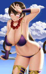 bent_over bikini_bottom bikini_top blush breasts brown_hair cleavage earrings fate/grand_order fate_(series) female_only femsub gloves glowing glowing_eyes gonoike_biwa huge_breasts jewelry long_hair looking_at_viewer manip misterman4_(manipper) navel necklace open_mouth spiral_eyes sweat swimsuit symbol_in_eyes thighhighs xuanzang