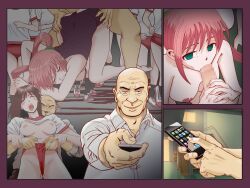 barefoot breasts brown_hair cell_phone comic dazed empty_eyes evil_smile feet fellatio femsub gym_uniform hypnotic_app long_hair maledom multiple_girls open_clothes open_mouth penis pink_hair remote_control smile swimsuit tech_control topless ugly_bastard