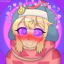  blonde_hair blush bridget_(guilty_gear) bubble coils confused dazed dumbskull eyebrows_visible_through_hair female_only femsub guilty_gear happy_trance heart hoodie kaa_eyes long_hair purple_eyes smile solo sparkle spiral_background transfem transgender_identity 
