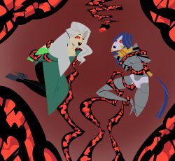 4five1 blue_hair bodysuit deadlock dress female_only femsub lady_geist_(deadlock) long_hair mole original spiral_eyes spiralwash_eyes tentacles white_hair yamato_(deadlock)