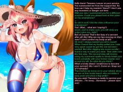 aware beach bikini breasts caption caster_(fate/extra) clothed_exposure fate/extra fate/grand_order fate_(series) femsub fox_girl large_breasts long_hair manip micro_bikini misterman4_(manipper) see-through smile spiral_eyes symbol_in_eyes text wet_clothes
