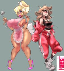  apron ass_expansion before_and_after bimbofication blonde_hair breast_expansion breasts brown_hair domestication femsub housewife huge_breasts large_breasts milf naked_apron original pink_eyes ramslammy stepfordization tomboy 