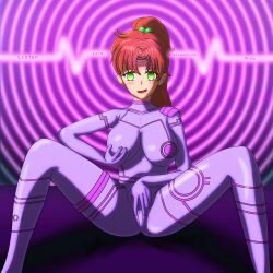  9zolwikame6 bodysuit brown_hair cosplay empty_eyes femsub gurren_lagann happy_trance large_breasts latex long_hair nia_teppelin sailor_jupiter sailor_moon_(series) spiral text 