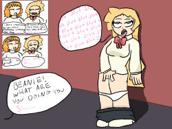  beanie_(needleman) blonde_hair bottomless dialogue eye_roll masturbation masturbation_command needleman panties skirt tongue_out trigger wet 