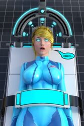 3d blonde_hair blue_eyes bodysuit brain_injection breasts dazed dialogue drool female_only femsub glowing glowing_eyes large_breasts metroid_(series) nintendo operating_table ponytail samus_aran solo tech_control text theheckle zero_suit
