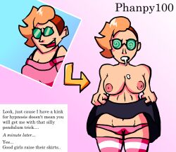  before_and_after blonde_hair fanny_(phanpy100) female_only femsub glasses good_sub_conditioning original panties phanpy100 pov pov_dom skirt skirt_lift text thighhighs topless 