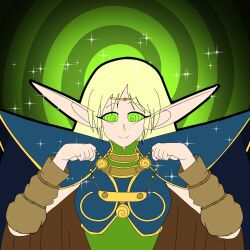  arm_warmers armor blonde_hair cape clothed deedlit elf_ears eyebrows_visible_through_hair female_only femsub green_eyes headband hypnotic_accessory long_hair record_of_lodoss_war shoulder_pads smile solo sparkle spiral_background spiralwash_eyes zombi62 