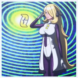  alternate_costume blonde_hair border breasts cynthia_(pokemon) empty_eyes enemy_conversion expressionless female_only femsub gloves hair_ornament large_breasts leggings leotard long_hair nintendo pokemon saluting spiral spiral_background standing_at_attention surrisaki team_galactic very_long_hair 