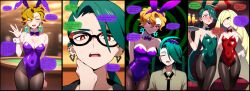  absurdres ai_art alternate_costume briar_(pokemon) bunny_girl bunnysuit comic dialogue empty_eyes english_text female_only femdom femsub forced_employee green_hair hypnotic_touch lusamine_(pokemon) milf nintendo pokemon pokemon_sun_and_moon rika_(pokemon) sleeping speech_bubble 