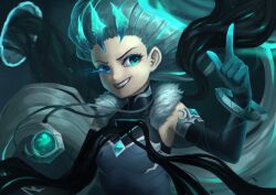 blue_eyes body_markings control_indicator corruption crown evil_smile eye_color_change gloves glowing_eyes green_eyes hair_color_change happy_trance league_of_legends lipstick makeup pale_skin portals possession ruination s_sense smile smoke very_long_hair viego_(league_of_legends) white_hair zoe_(league_of_legends)