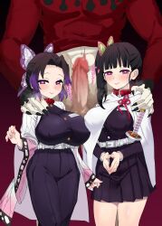 abs black_hair breasts censored clothed collar collector-x demon_slayer douma femsub hair_ornament happy_trance heart heart_eyes huge_cock kanao_tsuyuri large_penis maledom multicolored_hair multiple_girls muscle_boy penis pink_eyes purple_hair shinobu_kocho side_ponytail size_difference smile symbol_in_eyes