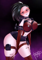  black_background black_hair blush boots breasts collar empty_eyes fingerless_gloves garter gloves gradient_background large_breasts lipstick looking_at_viewer miniskirt momo_yaoyorozu my_hero_academia nail_polish navel opera_gloves pink_background pink_eyes ponytail posing purple_lipstick shoulder_pads signature simple_background skirt smile thick_thighs thighhighs yamimochi 