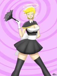 absurdres blonde_hair blush breasts cleavage feather_duster female_only femsub gloves halo happy_trance large_breasts light_skin maid open_mouth original pink_background short_hair signature simple_background smile solo spiral spiral_background spiral_eyes standing syas-nomis symbol_in_eyes tongue