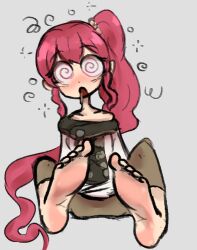  anna_(fire_emblem) bangs bare_shoulders barefoot blush dazed drool eyebrows_visible_through_hair feet female_only femsub fire_emblem fire_emblem_three_houses foot_focus grey_background nintendo open_mouth pants ponytail red_eyes red_hair simple_background sitting skecchyartist solo spiralwash_eyes sweat 