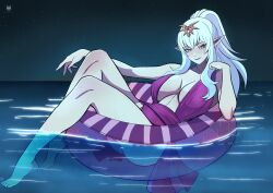 alternate_costume bare_legs bare_shoulders barefoot breasts corruption dragon_girl elf_ears eye_color_change feet femsub fire_emblem fire_emblem_awakening floating grima_(fire_emblem_awakening) hair_color_change happy_trance ihsnet large_breasts legs lipstick makeup night nintendo outdoors ponytail possession red_eyes smile swimsuit thighs tiki_(fire_emblem) water white_hair