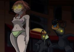 bra breasts brown_hair disguised_hypnotist exhibitionism female_only femsub glowing glowing_eyes happy_trance kingdom_hearts long_hair navel olette panties small_breasts smile spiral_eyes standing standing_at_attention symbol_in_eyes topless underwear yellow_eyes