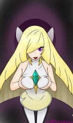 androgynous_dom aura bare_shoulders blonde_hair breast_fondling breast_grab breasts dress english_text femsub gastly happy_trance hazama holding_breasts long_hair looking_at_viewer lusamine nintendo pokemon pokemon_(creature) pokemon_red_green_blue_and_yellow pokemon_sun_and_moon possession purple_eyes smile standing text tongue tongue_out