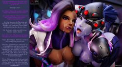 3d aware breasts caption consensual cum cum_on_body cum_on_breasts cum_on_face dark_skin female_only femsub firebox_studio large_breasts looking_at_viewer manip n0t_that_one_guy_(manipper) nipples overwatch pov pov_dom purple_eyes sombra_(overwatch) tech_control text topless widowmaker