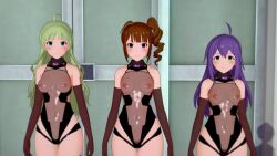 3d ahoge bare_shoulders blue_eyes blush bottomless brown_hair clothed_exposure collar cyan_eyes drill_hair empty_eyes expressionless female_only femsub fishnets gloves green_hair koikatsu! leotard long_hair looking_at_viewer multiple_girls multiple_subs navel nipples opera_gloves pubic_hair purple_hair qr_code see-through shimabara_elena side_ponytail standing standing_at_attention tattoo tech_control the_idolm@ster the_idolm@ster:_million_live! wwww.