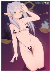 absurdres bikini blush border breasts earrings elf elf_ears expressionless female_only femsub frieren frieren:_beyond_journey&#039;s_end green_eyes kiakisart kneeling looking_at_viewer micro_bikini navel saluting silver_hair small_breasts solo spiral_eyes swimsuit symbol_in_eyes twintails