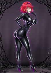  absurdres alien ass aura blackftos breasts corruption crossover femsub hair_color_change hand_on_hip high_heels large_ass large_breasts looking_back marvel_comics multicolored_hair nintendo possession purple_hair pyra_(xenoblade) red_eyes red_hair short_hair slit_pupils spider-man_(series) standing symbiote venom_(marvel) xenoblade_chronicles xenoblade_chronicles_2 