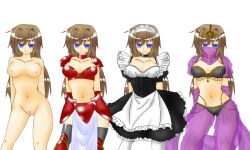  blue_eyes bottomless breasts brown_hair empty_eyes female_only femsub happy_trance harem_outfit inikanata large_breasts long_hair maid nude topless 