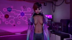  3d animated animated_gif black_hair breasts brown_hair cleavage clothed crossed_eyes d.va dazed earrings female_only femdom femsub gloves glowing happy_trance hat jewelry large_breasts open_mouth overwatch puppet short_hair smile sombra_(overwatch) tech_control text tongue topless vynil 