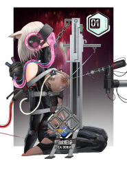  absurdres animal_ears arms_behind_back ball_gag barcode bodysuit bondage breasts cables chains corruption elegia female_only femsub final_fantasy final_fantasy_xiv gag gloves headphones kneeling large_breasts latex miqo&#039;te nipple_piercing nipples opera_gloves oxygen_mask piercing restrained rubber see-through sex_machine short_hair solo syringe tech_control thighhighs tubes visor white_background white_hair wires 