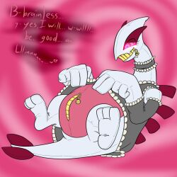 bodysuit doll femsub furry happy_trance inflatable lugia maid nintendo paradise_bird pink_eyes pokemon spiral_eyes symbol_in_eyes text