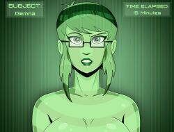  animated animated_gif breasts cleavage drool female_only femsub gemna_(mezz+pokemongirl) glasses happy_trance huge_breasts looking_at_viewer monochrome open_mouth original polmanning ring_eyes short_hair smile solo tech_control text tongue tongue_out topless western 
