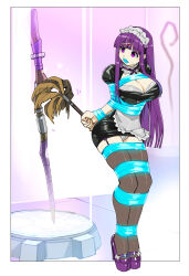  absurdres bondage border breasts cleavage dress empty_eyes eudetenis femsub fern_(frieren:_beyond_journey's_end) frieren:_beyond_journey's_end headdress high_heels hourglass_figure large_breasts long_hair maid maid_headdress microchip panties purple_eyes purple_hair restrained sweat tech_control tight_clothing upskirt 