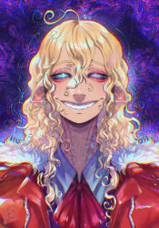 blackberreh blonde_hair corruption curly_hair distortion_(the_magnus_archives) long_hair male_only malesub michael_shelley monster_boy smile solo the_magnus_archives transformation