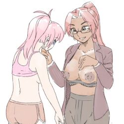  bra breasts chin_hold collarbone crystal_(zko) dark_skin earrings erect_nipples female_only femdom femsub glasses green_eyes hypnotic_breasts light_skin long_hair mrs._erickson_(zko) multiple_girls nipples open_clothes orange_hair original pantyhose pink_hair ponytail shirt_lift shorts simple_background sleepymaid smile standing tank_top teacher teacher_dom topless white_background 