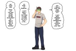 absurdres brown_hair consensual glasses hypno_neet male_only malesub original short_hair simple_background standing tech_control text thought_bubble visor white_background