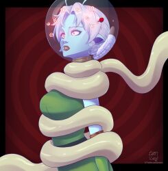  alien alien_girl antenna blue_skin ceres_vega_(hypnolordx) coils dress elf_ears expressionless female_only femsub gloves glowing_eyes lapislazuliart lipstick maledom psychic red_eyes red_lipstick restrained signature spiral spiral_background tentacles 