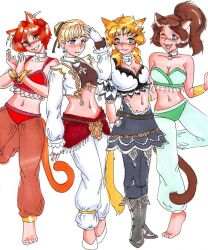 animal_ears barefoot bell_collar blonde_hair blue_eyes blush breasts brown_hair collar empty_eyes feet female_only femsub final_fantasy final_fantasy_xi happy_trance harem harem_outfit large_breasts midriff mithra multiple_girls ponytail red_hair short_hair smile suechan tail traditional