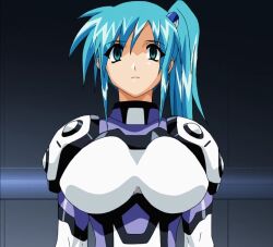 blue_eyes blue_hair breasts clothed divergence_eve empty_eyes expressionless female_only femsub huge_breasts misaki_kureha screenshot side_ponytail solo standing tagme tech_control