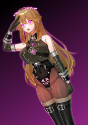 absurdres aura bare_shoulders black_background breasts brown_hair clothed control_indicator exosister_elis eye_color_change femsub gloves glowing_eyes gradient_background halo large_breasts lukazyx navel pink_eyes purple_background saluting solo tight_clothing very_long_hair yu-gi-oh!