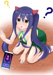  absurdres bangs bare_legs barefoot blush cell_phone cheerleader confused empty_eyes fairy_tail femsub hair_ornament kneeling metari open_mouth phone skirt twintails very_long_hair wendy_marvell yellow_eyes 