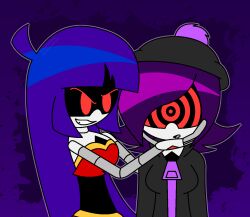  ahoge bare_shoulders beanie chin_hold doll_(murder_drones) drool female_only femdom femsub goth hoodie hypnoscream long_hair murder_drones open_mouth purple_hair red_eyes ring_eyes robot_girl shiny_hair short_hair simple_background smirk straight-cut_bangs tube_top uzi_doorman yuri zipper 