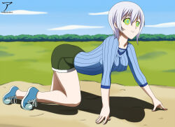 all_fours clothed fairy_tail female_only femsub happy_trance kaa_eyes lisanna_strauss pet_play short_hair shorts sneakers takarafanarts white_hair