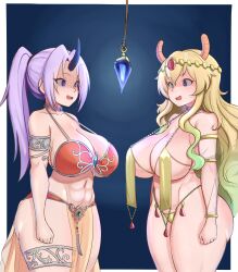  abs absurdres blonde_hair cleavage crystal dragon_girl empty_eyes female_only femsub happy_trance harem_outfit heterochromia horns jewelry large_breasts long_hair miss_kobayashi&#039;s_dragon_maid navel necklace oni_girl open_mouth ponytail purple_hair quetzalcoatl_(maidragon) shion_(tensei_slime) standing that_time_i_got_reincarnated_as_a_slime thick_thighs triagorodri 
