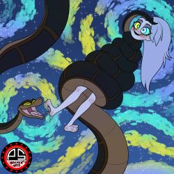  barefoot bondage coils complex_background feet happy_trance helluva_boss kaa kaa_eyes lipstick long_hair loona_(helluva_boss) night ordeper_arts ring_eyes silver_hair the_jungle_book tickling 