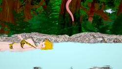  3d ass bikini blonde_hair breasts cleavage huge_ass huge_breasts jungle kaa koikatsu! leopard_print long_hair mrkoiru outdoors ponytail purple_eyes rwby smile snake swimsuit tail the_jungle_book thick_thighs water yang_xiao_long 
