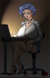  blue_hair breast_expansion breasts button_gap femsub glasses happy_trance high_heels huge_breasts hypnotic_screen legs office_lady original short_skirt skirt spiral_eyes symbol_in_eyes tech_control thighhighs tongue tongue_out traditional wildfire_(manipper) 