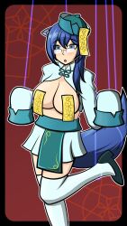  absurdres alternate_costume blue_eyes blue_hair cat_girl cleavage edgeofthemoon empty_eyes female_only femsub glasses halloween huge_breasts indifferent jiangshi katie_(edgeofthemoon) open_mouth original puppet skirt solo talisman thighhighs unaware 
