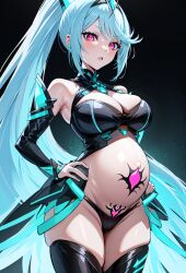  ai_art arm_warmers bare_shoulders blue_hair blush cleavage crotch_tattoo empty_eyes expressionless female_only femsub hair_ornament high_heels huge_breasts looking_at_viewer midriff nintendo pink_eyes pneuma_(xenoblade) ponytail pregnant skirt solo standing tattoo thigh_boots thighhighs tight_clothing toirettopepa_no_fukuro_(generator) very_long_hair xenoblade_chronicles xenoblade_chronicles_2 